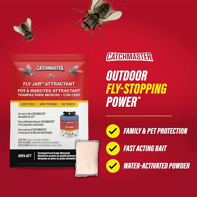 Catchmaster Fly Bait Refills, 3 Pack, for Outdoor Reusable Fly Trap Jars" New size: "Fly Jar Bait Refill 3-Count | Catches house, bottle & blowflies, Food-based lure, low odor, Works in the catcher you own, Cuts plastic waste