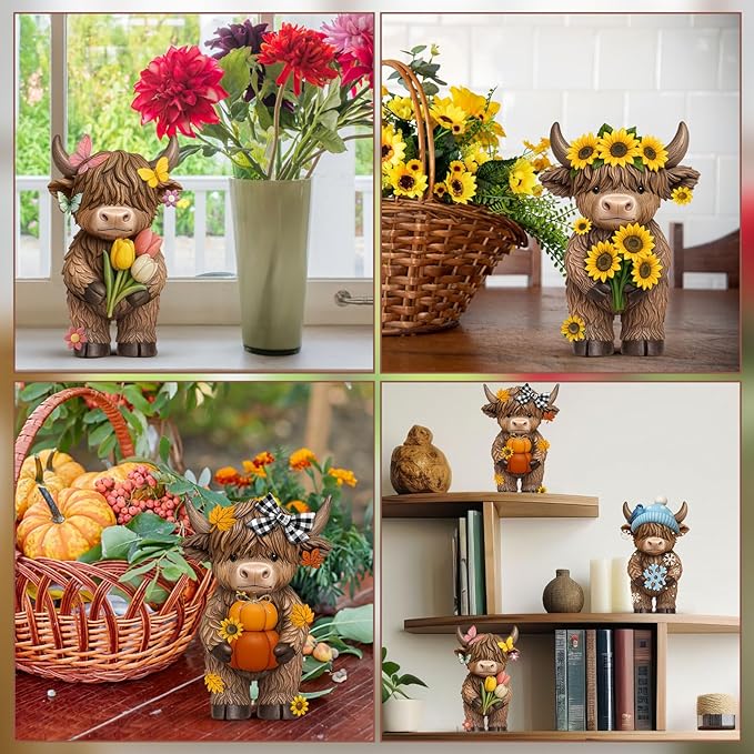 Simgoing 4 Pcs Seasonal Highland Cow Figurines, Spring Summer Fall Winter Gnomes 4 Seasons Highland Cow Home Decor Table Centerpieces Scottish Resin Statue Calf Gifts for Home Garden Kitchen Office
