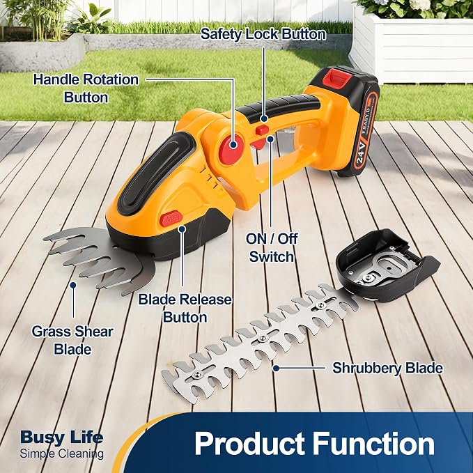 Yocada Handheld Cordless Hedge Trimmer&Grass Shear 2-in-1 Powerful Dual Batteries Electric Shrub Bush Trimmer 24V Grass Cutter Lightweight for Garden Lawn Care