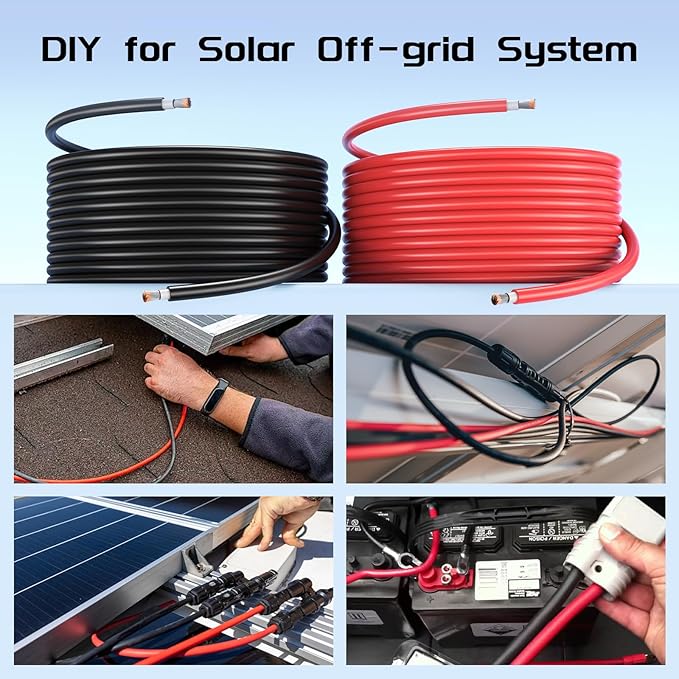Bateria Power Solar Panel Cable 100FT Solar Extension Cable, 10AWG (6mm²) Tinned Copper Wire for Outdoor Automotive RV Boat Marine Solar Panel- Red (10AWG 100FT)