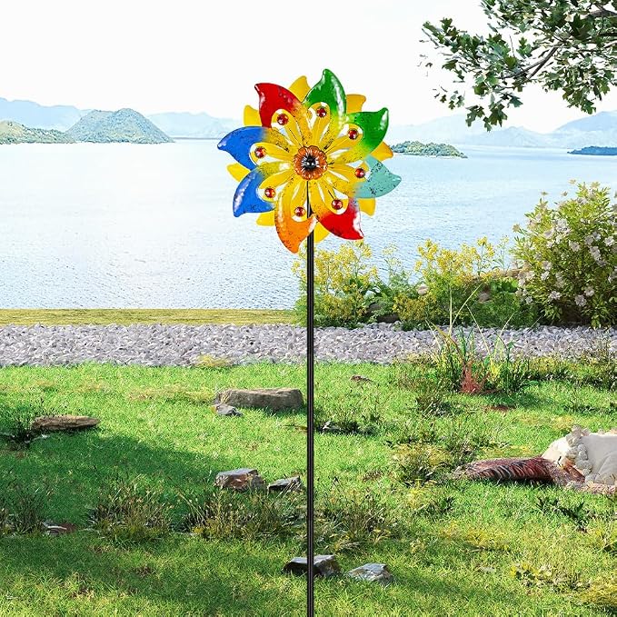 Stargarden Wind Spinner, Colorful Metal Wind Sculptures & Spinners, Double Pinwheels 63 * 13" Windmills for Yard and Garden
