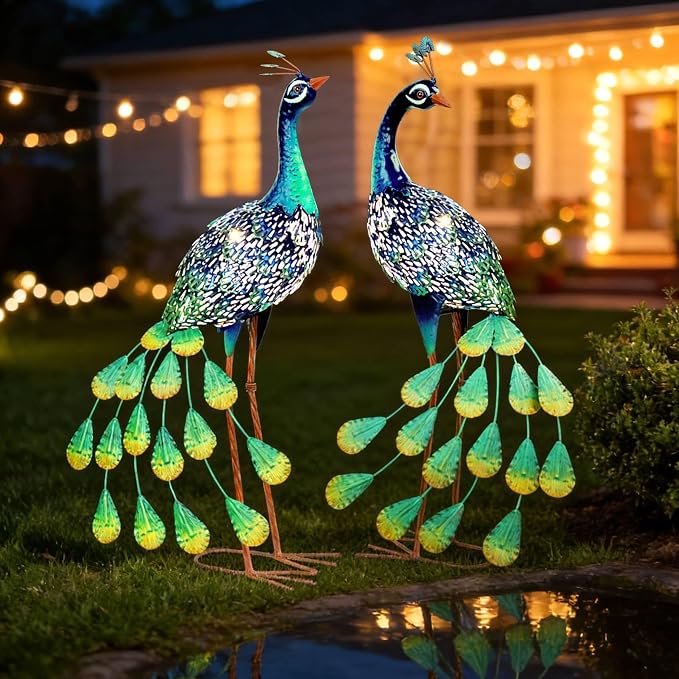 Kircust Metal Outdoor Solar Peacock Statues for Garden & Yard | Weatherproof Decor with Lights, Elegant Gift for Patio