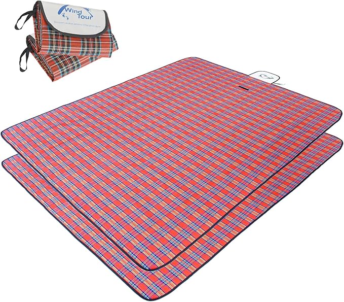 Wind Tour Waterproof Picnic Blanket with Carry Strap - Foldable Sandproof Outdoor Mat for Camping, Beach, Park - 59" x 71",Red (Two Mat Set)