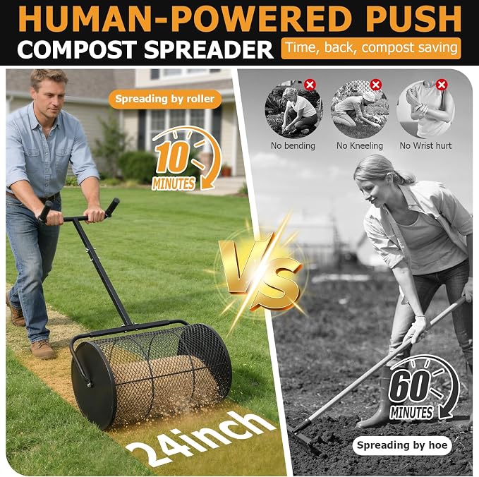 Compost Spreader 24in Peat Moss Spreader - U Shaped Comfortable Handle & Adjustable Height Powder-Coated Metal Mesh Hand Fertilizer Spreader for Garden Yard Lawn Care