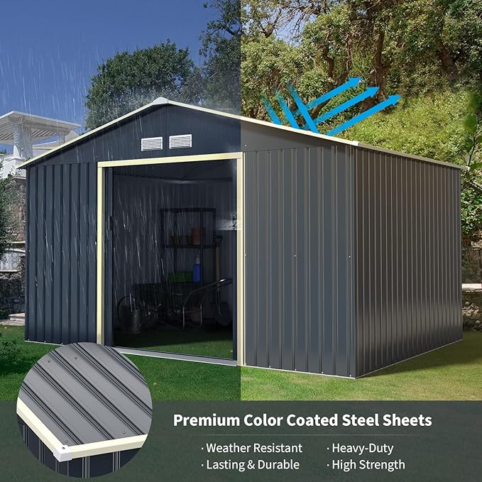 Goplus Storage Shed, Metal 11' X 8' Outdoor Building Organizer with 4 Vents & Double Sliding Door for Garden Backyard Farm (11'X8')