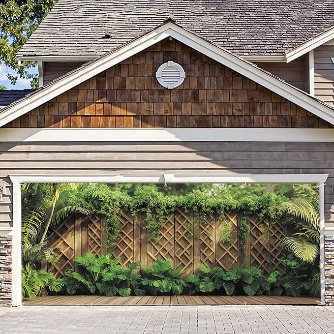 7 * 16FT Summer Spring Fence Garage Door Cover Decorations Sunset Palm Trees Garage Door Banner for Outdoor Indoor Summer Party Photography Backdrop