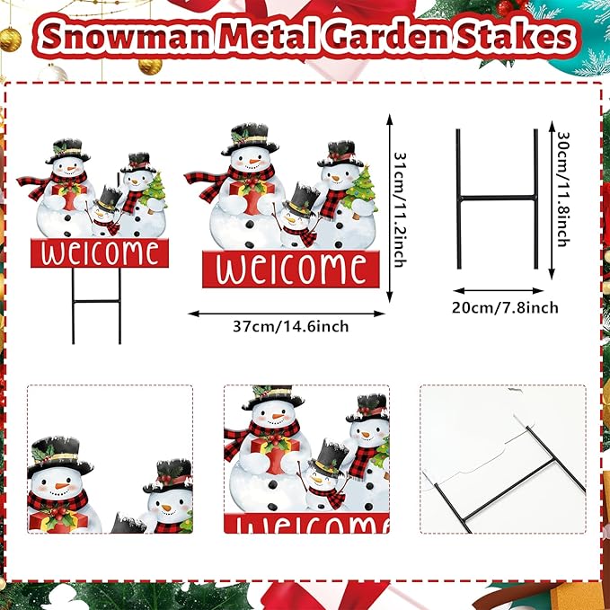 Whaline Christmas Metal Garden Stake Welcome Yard Sign Watercolor Snowman Family Decorative Lawn Sign for Winter Xmas Holiday Home Outside Lawn Porch Walkway Decor