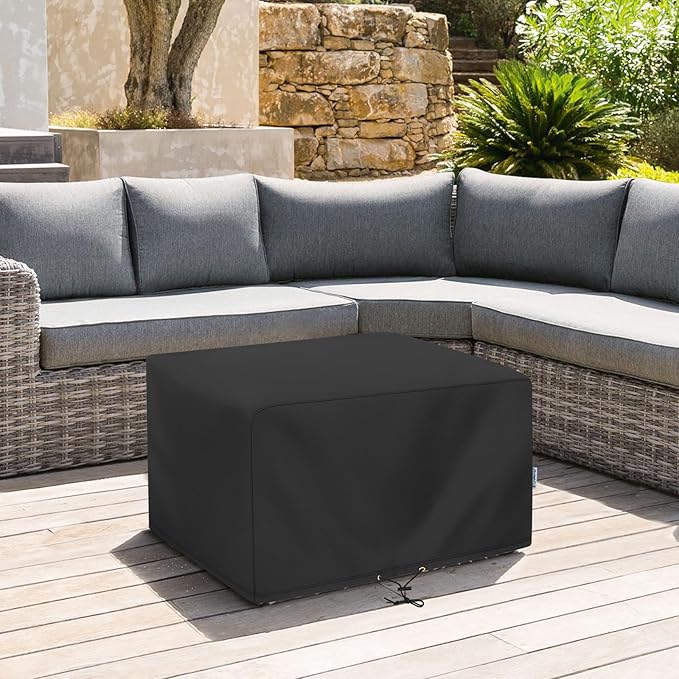 SunPatio Outdoor Ottoman Cover, Waterproof Rectangle Coffee Table Cover, Patio Furniture Covers Side Table Cover, All Weather Protection, 34W x 24D x 17H, Black