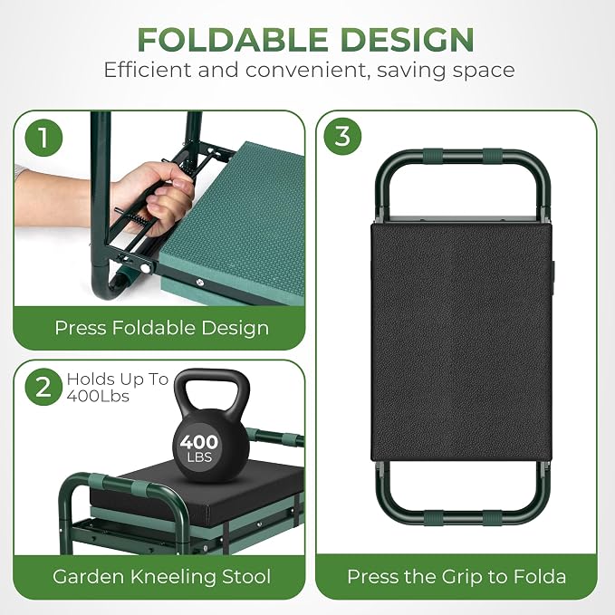 Walensee Garden Kneeler and Seat, Foldable Heavy Duty Garden Stool with Soft Kneeling Pad & Tool Pouch, Easy Stand Up Gardening Bench for Seniors, Women & Men, No Assembly Gardening Gift for Mom Dad