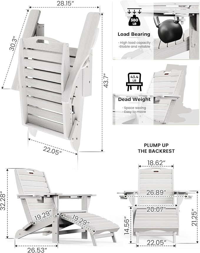Ciokea Folding Adirondack Chair Set of 2 with Retractable Ottoman Fire Pit Patio Chair with Pull Out Foot Rest Weather Resistant Lawn Outdoor Chair with 2 Cup Holder (White)