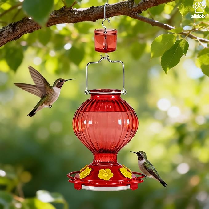 Glass Hummingbird Feeder for Outdoors Hanging, 38 oz Nectar Capacity, 6 Feeding Ports, Leak-Proof Rust-Free Plastic Base, Easy to Refill & Clean, Decorative Red Glass Bird Feeder for Garden Patio