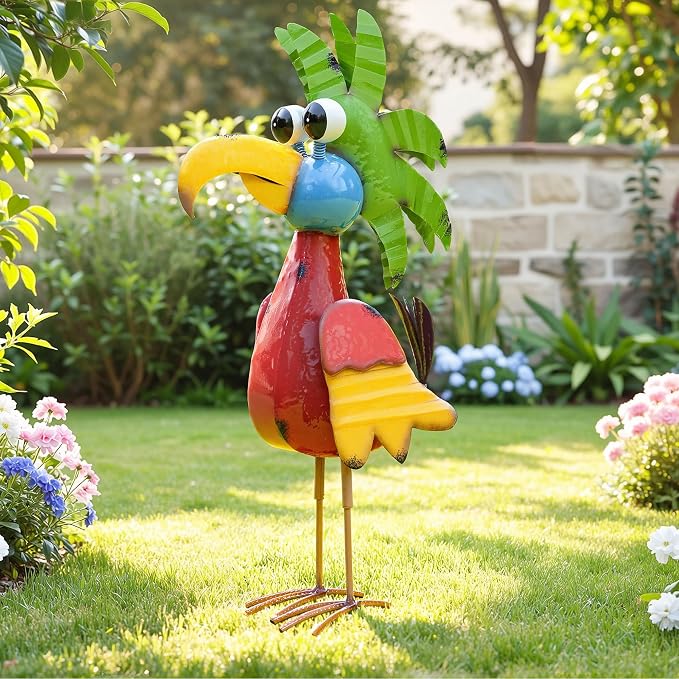 30" Tiki Bird Decor, Large Weatherproof Metal Parrot Yard Art | Handcrafted cartoon parrot with ground stake. For patio, lawn, balcony & indoor. Tropical party decor & unique gift ideal