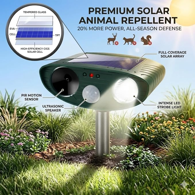Sonic Fortress Pro Deer Repellent Devices,Sonic Deer Repeller Cat Deterrent Solar Squirrel Rabbit Racoon Repellent Outdoor Ultrasonic Animal Repeller Waterproof with Motion Sensor for Yard Garden