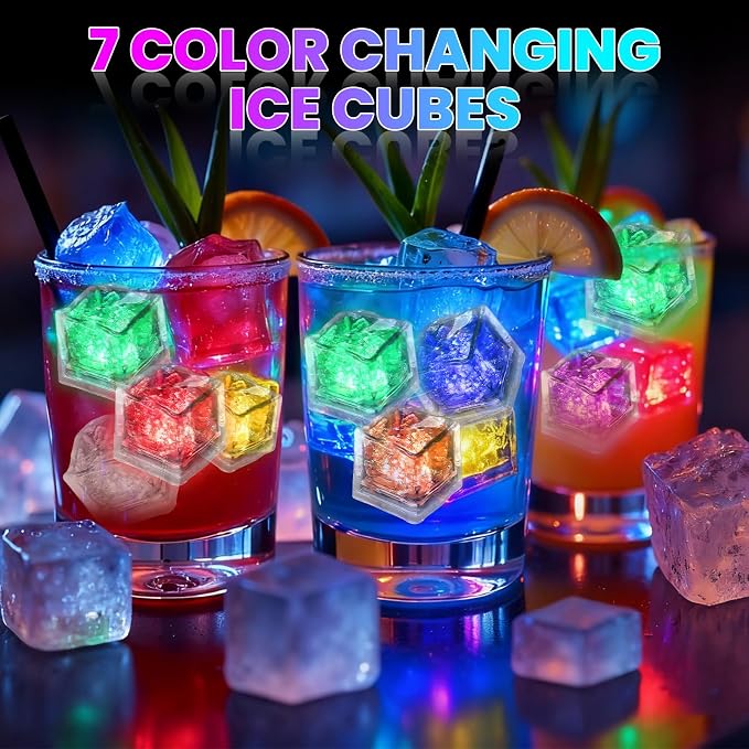 Light Up Ice Cubes, 300 Pack Multi Color Led Ice Cubes for Drinks IP67 Waterproof Reusable Glowing Flashing Changing Lights Water Activated Drink Lights for Cocktails Christmas Party Bar Wedding
