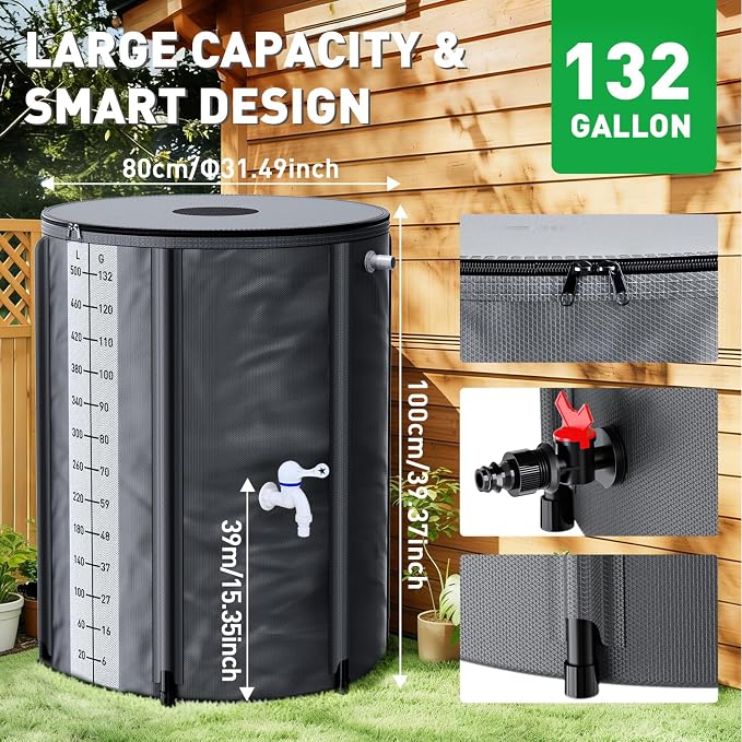 Yesker Collapsible Rain Barrel, 132 Gallon Portable Rainwater Collection System, 550D PVC Water Storage Tank, Rain Catcher with Spigots Filter Overflow Kit, Grey