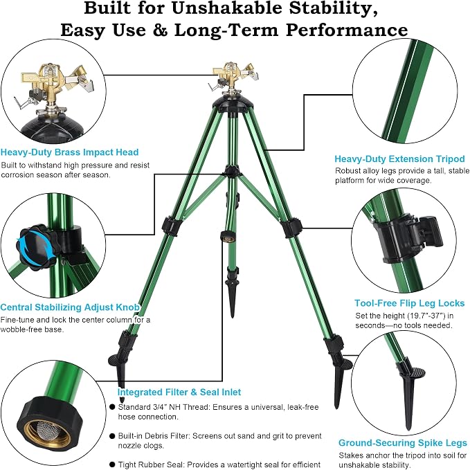 2 Pack Impact Sprinkler on Tripod Base, 360° Adjustable Brass Sprinkler Head with Stakes, Heavy Duty Metal Tripod Lawn Sprinkler for Large Area Lawn, Yard & Garden Irrigation