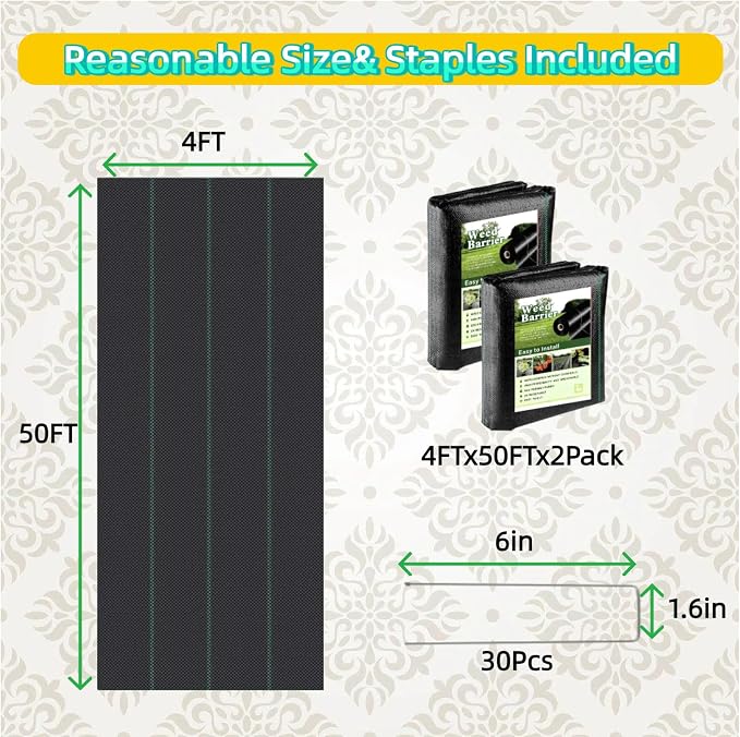 4FT x 100FT Weed Barrier Landscape Fabric (2 Pack 4x50FT) - Premium Heavy-Duty 3.2oz Gardening Weed Control Mat with 20 U-Shaped Securing Pegs - Ground Cover for Garden, Flower Bed, Yard