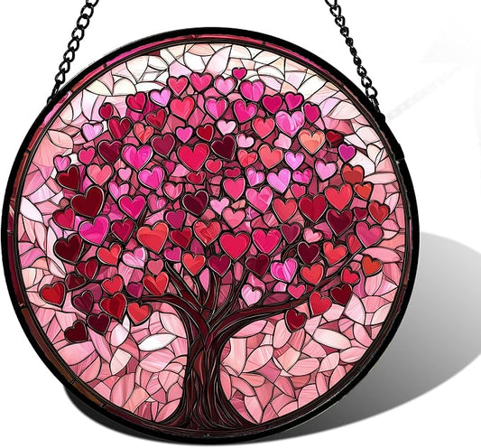 Stained Glass Window Hanging, Birthday Gifts for Women Mom Grandma Nana Wife Couple, Pink Love Tree Suncatcher for Doors Window Home Sun Catchers Gifts Decor 11.8 in