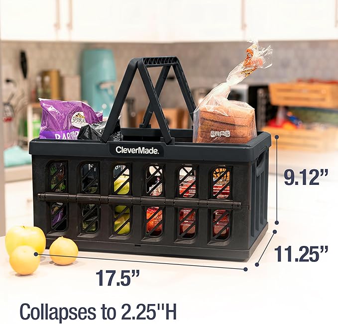 CleverMade Collapsible Shopping Basket with Handles – 24L 3 Pack Collapsible Grocery Tote, Plastic Storage Baskets Fold Flat, Stackable Collapsible Storage Bins for Car & Home - Obsidian
