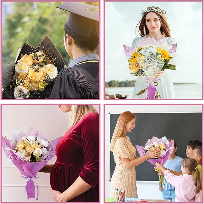 Qilery 334 Pcs Flower Wrapping Paper Set,153 Waterproof Floral Bouquet Wrapping Paper,72 3D Gold Butterfly Decoration,100 Pins, 6 Crowns and 3 Ribbons for DIY Craft(Adorable Color)