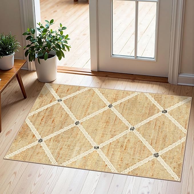 Front Door Mat Indoor - 2x3 Non-Slip Front Door Rug Washable Doormat Indoor Outdoor Entrance Woven-Look Beige Farmhouse Geometric Small Throw Rugs for Entryway Bedroom Kitchen Laundry Room