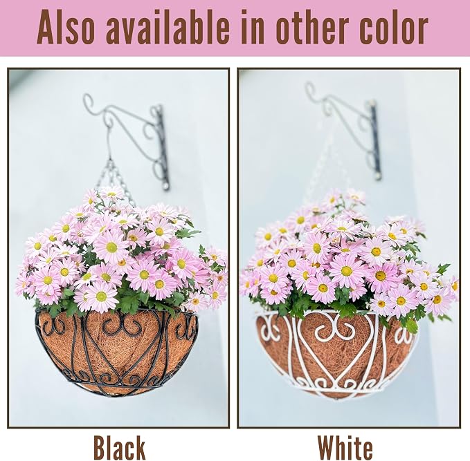 LaLaGreen Hanging Baskets for Plants (16 Inch, 6 Pack) Extra Large Hanging Flower Pot with Coco Liner Black Metal Wire Round Plant Holder with Hanger Hook Chain Outdoor Patio Deck Balcony Garden Decor