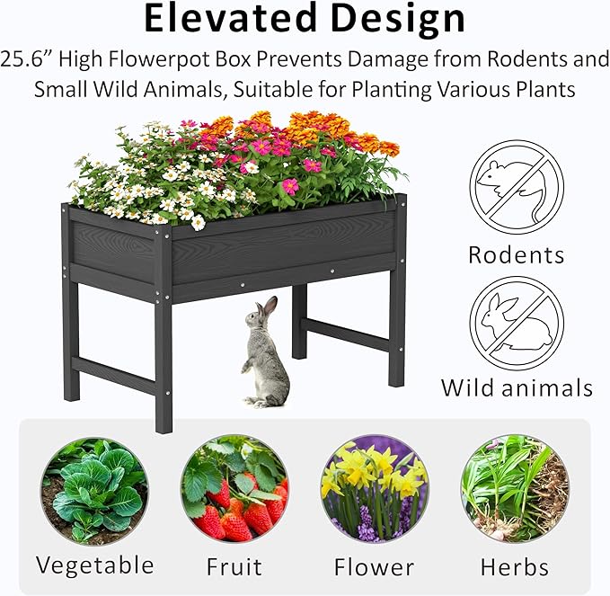 Raised Garden Bed Outdoor with Legs,HDPE Elevated Planter Box Rot-Resistant and Non-Cracking,Raised Beds for Gardening for Backyard, Patio, Balcony, 300lb Capacity Black