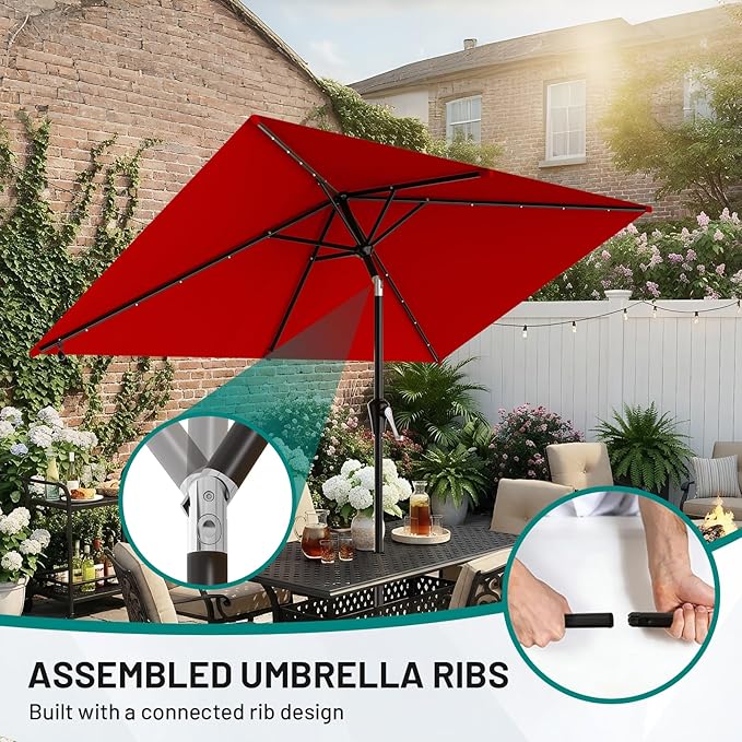 AreShark 6.5' x 10' Rectangular Patio Umbrella with Solar Lights, Solar Powered Lighted Market Umbrella w/Tilt and Crank, Outdoor Table Umbrella for Garden, Deck, Backyard, Pool and Beach, Red