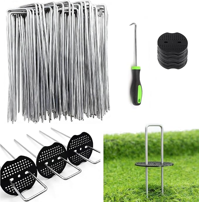 10 Inch 50 PCS Galvanized Landscape Staples with 50 PCS Gasket, Landscape Fabric Pins Stakes Lawn Ground Cover Graden Staples Spikes Weed Barrier Stakes