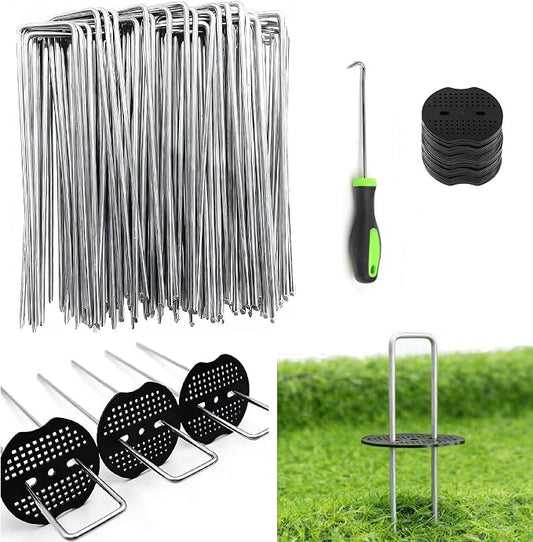 10 Inch 50 PCS Galvanized Landscape Staples with 50 PCS Gasket, Landscape Fabric Pins Stakes Lawn Ground Cover Graden Staples Spikes Weed Barrier Stakes