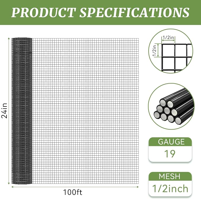 Black Hardware Cloth 1/2in Mesh 24in x 100ft, Chicken Wire Fencing PVC Coated 19 Gauge, Welded Chicken Wire for Rodent Proofing, Tree Guard, Garden Fence, Poultry Netting(1/2in x 24in x 100ft)