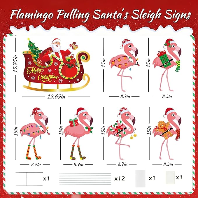 7pcs Christmas In July Flamingo Yard Sign with Stakes Waterproof Outdoor Lawn Garden Holiday Decoration for Patio Front Yard Pool Party Beach Seasonal Festive Decor Eye Catching Flamingo Sign