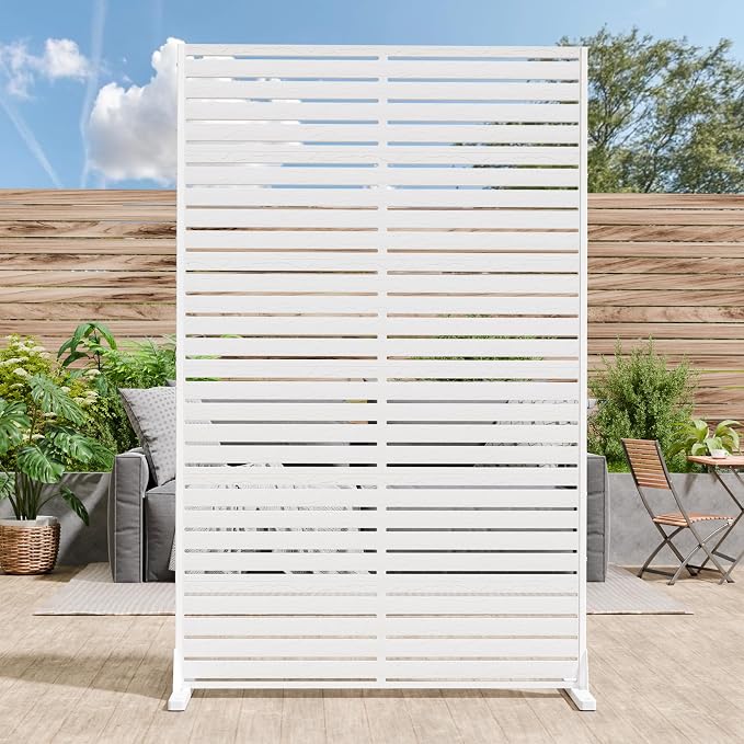 Privacy Screen Outdoor 72" Freestanding Privacy Panel with Stand, HDPE Decorative Privacy Fence with Louver Pattern, Patio Divider Screen, Privacy Screens for Outside, Balcony, White