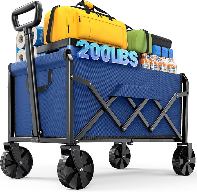 Kitsure Collapsible Wagon with Wheels, Foldable Dog Wagon Carts with 200lbs Load Capacity, Utility Shopping Cart, Blue, 28.0" x 17.0" x 36.0"