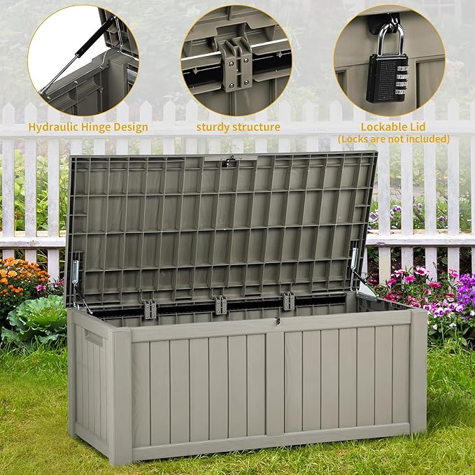DWVO 120 Gallon Large Deck Box Outdoor Storage Box, Lockable Outside Storage Bin for Gardening Tools, Patio Cushions, Waterproof Resin (Light Brown)