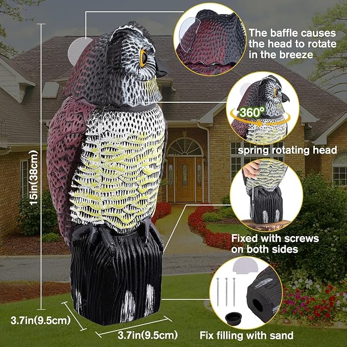 Fake Owl Statue to Scare Birds Away, Waterproof Moving Bird Deterrent Owl | Squirrel Repellent with 360° Rotating Head, Large Plastic Bird Control Owl for Outdoor Garden Patios Balcony Pool Barn Roof