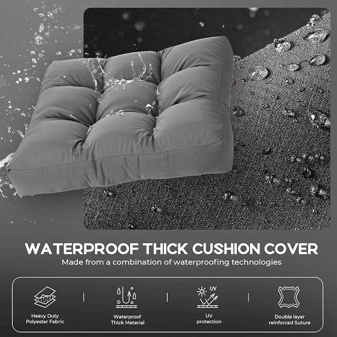 22x22 Waterproof Outdoor Chair Cushions Set of 2, Patio Cushions for Outdoor Furniture Water-Resistant & Fade-Resistant, Deep Seat & Back Cushion for Wicker Sofa (Gray)