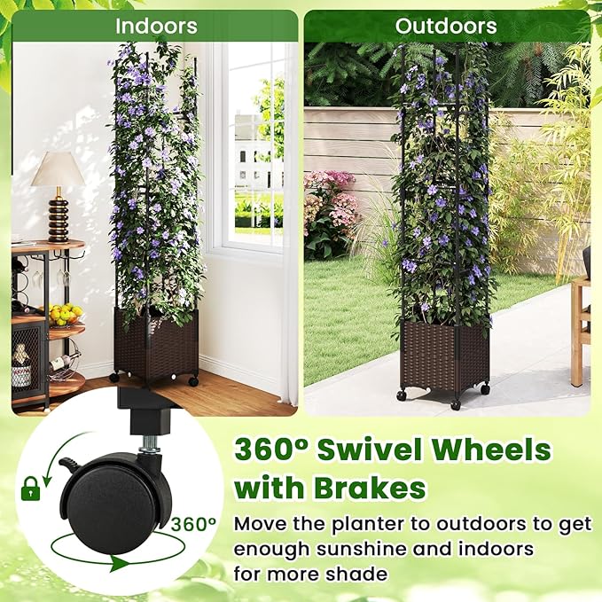 HAPPYGRILL 87" Raised Garden Bed w/Trellis, Self-Watering Planter Box w/ 3 Adjustable Heights, Lockable Wheels for Climbing Plants Flowers Vine, Indoor Outdoor Vertical Tomato Cage for Garden (2)
