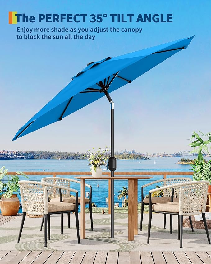 Garvee 9 ft Patio Umbrella - 8 Sturdy Ribs Outdoor Table Umbrella with Crank Lift & Push Button Tilt - Market Umbrella for Pool, Deck, Yard, Garden - Azure