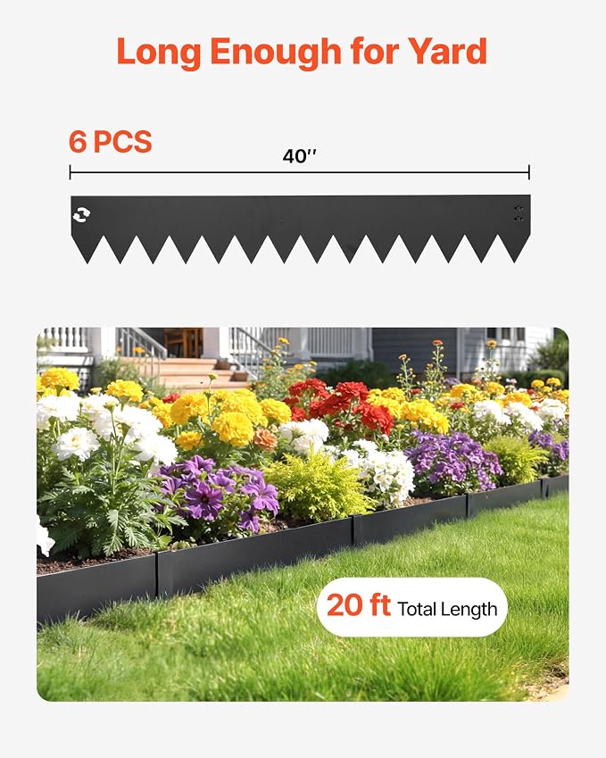 VEVOR Galvanized Steel Landscape Edging, 6-Pack 40 x 6 Inch Metal Edging for Landscaping with 6 Mounting Clips, Bendable Metal Garden Edge Border for Flower Bed, Yard Pathway, Black