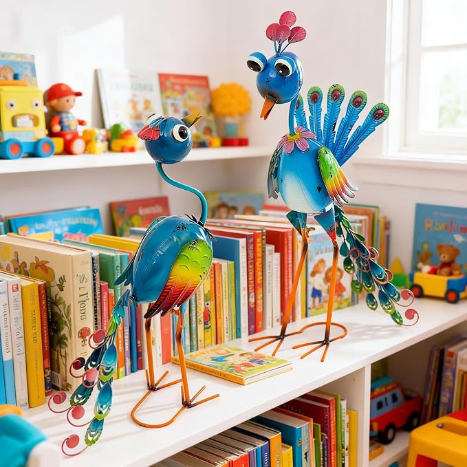22.5" Metal Peacock Garden Statues Set of 2, Whimsical Hand-Painted Cartoon Birds, Blue & Rainbow Yard Art for Patio Lawn, Indoor Shelf Decor, Unique Gift for Women