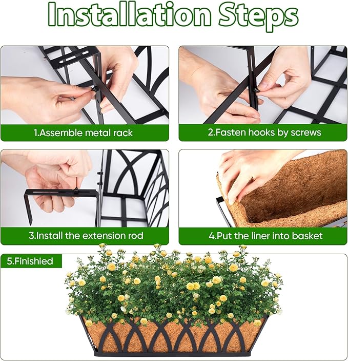 LCHUANG Deck Railing Planter Window Box - 2 Pack 30 Inch Deck Balcony Rail Planter with Coconut Coir Liner, Fence Metal Hanging Flower Planter Basket Deck Railing Planter Boxes for Outdoor Lawn