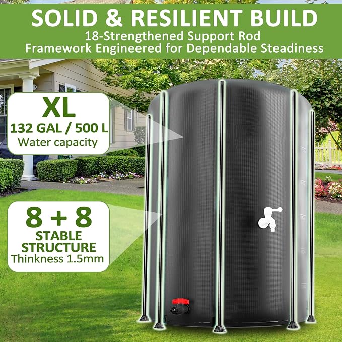 Collapsible Rain Barrel 132 Gallon, Rain Water Collection Barrel, 1000D PVC Rainwater Collection System with Mesh Cover Accessory (Bright Black 132 Gallon)