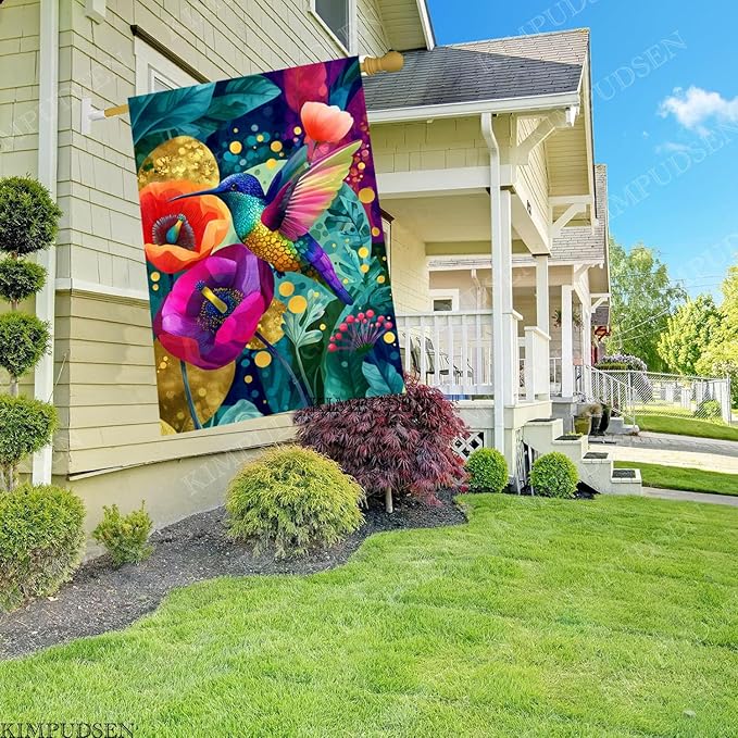 Hummingbird Floral Welcome House Flag 28x40 Inch Double Sided for Outside, Spring Summer Garden Decor for Patio Lawn