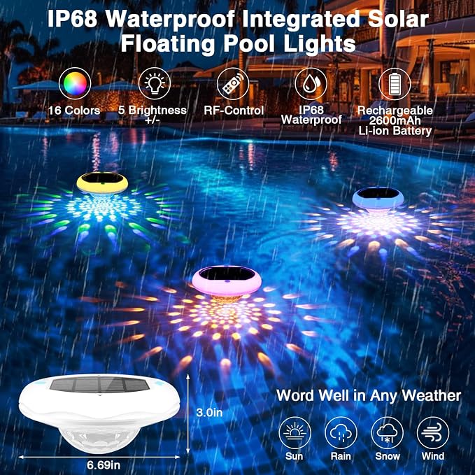 QOLNBY Solar Pool Lights(1 Pack), USB Rechargeable Floating Pool Lights with Remote, 6.69 Inch 2600mAh IP68 Waterproof RGB 6 Dynamic Modes Upper and Lower Glow Hangable Pool Lights that Float