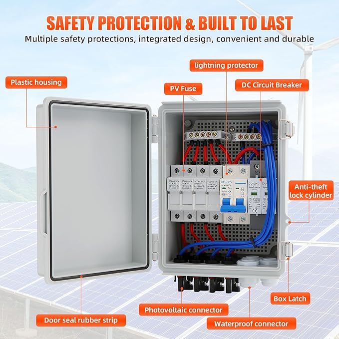 4 String Solar Combiner Box, IP65 Waterproof PV Combiner Box with 20A Rated Current Fuse, 63A Air Circuit Breaker,Lightning Arrester for On/Off Grid Solar Panel System