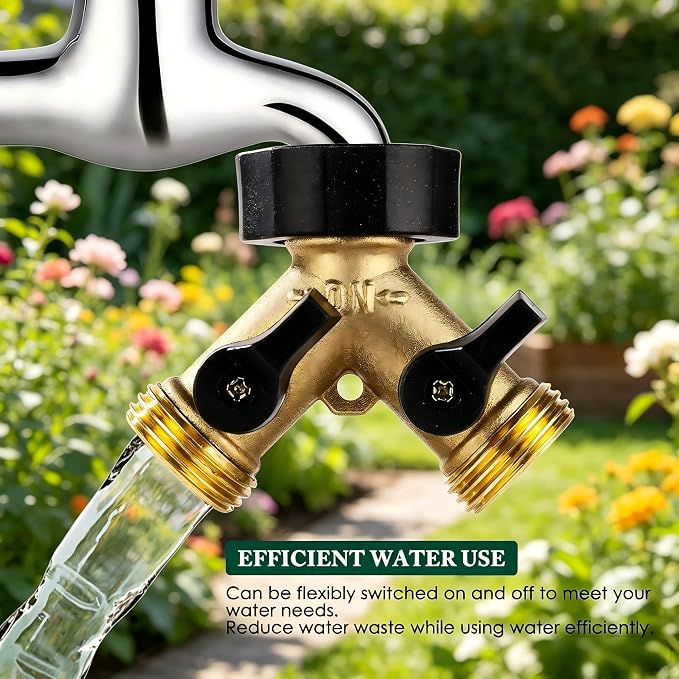 Dalmbox Garden Hose Splitter 2 Way, Y Connector Brass Garden Hose Adapter, Water Hose Splitter, Double Shut Off Valve, Includes 5 Rubber Washers & Teflon Tape(2 pack)