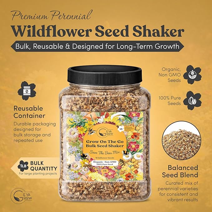 Wildflower Seed Mix 1LB Tub - Save The Bees Seed Mix, by GevaGrow | Bulk 300,000+ Seeds | Pollinator & Bee Attracting Flower Seeds Bulk for Planting in Pots & Outdoor Gardens | 1 Pound Tub