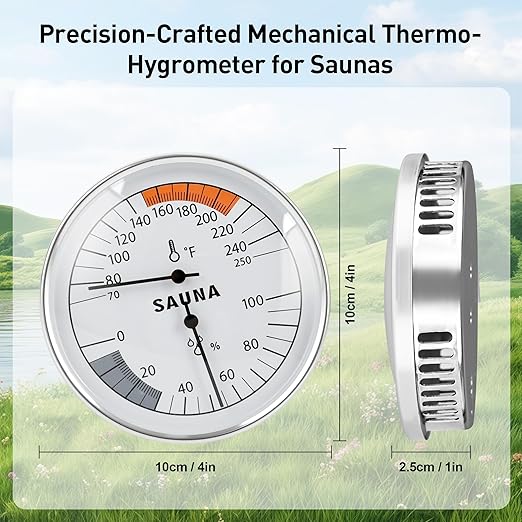 Sauna Thermometer Fahrenheit and Hygrometer 2-in-1 - Precise Indoor Humidity Temperature Monitor Gauge Sauna Accessories, Mechanical Metal Hygrothermograph Meter for Bathroom Steam Infrared Sauna Room