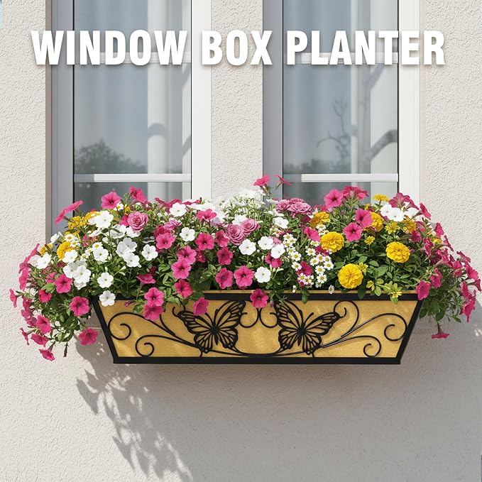 4 Pack 24 Inch Railing Planter Boxes Window Box Planters with Liner | Adjustable Bracket, Heavy Duty Hanging Basket, Metal Butterfly Decor, Retain Moisture Fabric Liner, Matte Classic Black